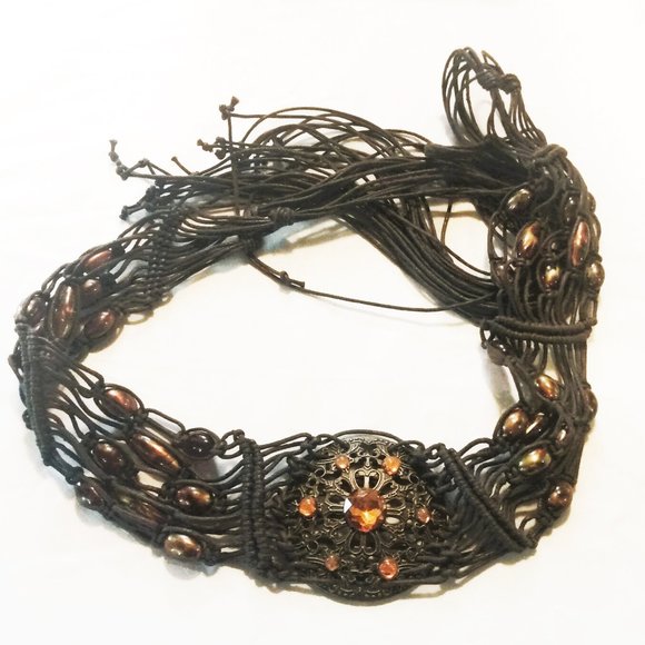 Vintage 1970's Brown Macrame Tie Belt With Glass Beads & Faux Amber Stones - Picture 1 of 11